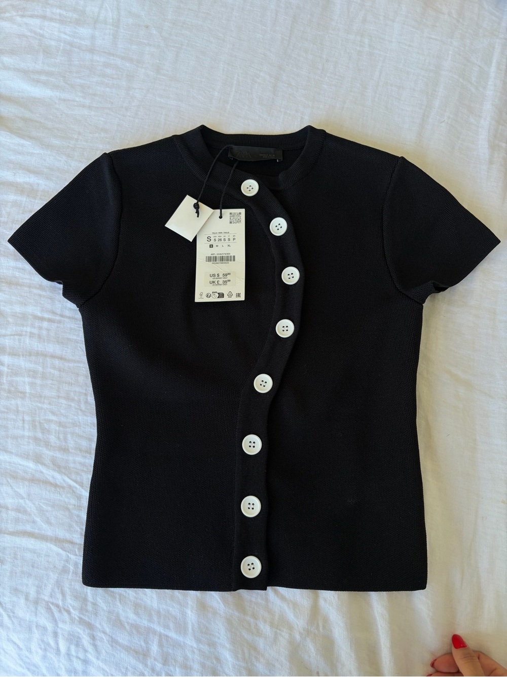 Zara Black Short-Sleeve Button-Center Knit Top with White Buttons